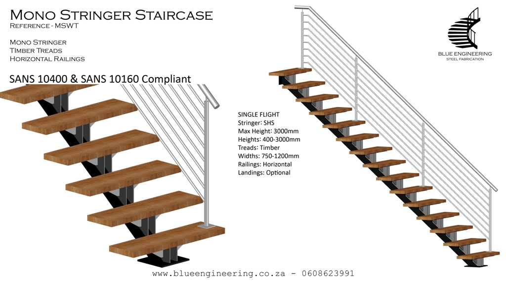 Standard steel mono stringer staircase with wooden treads design. Johannesburg, Pretoria, Durban, Gauteng, KwaZulu Natal