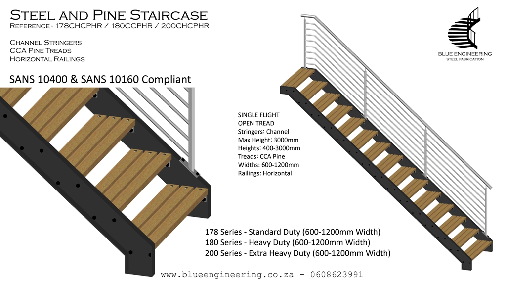 Standard steel channel staircase with pine treads design. Johannesburg, Pretoria, Durban, Gauteng, KwaZulu Natal